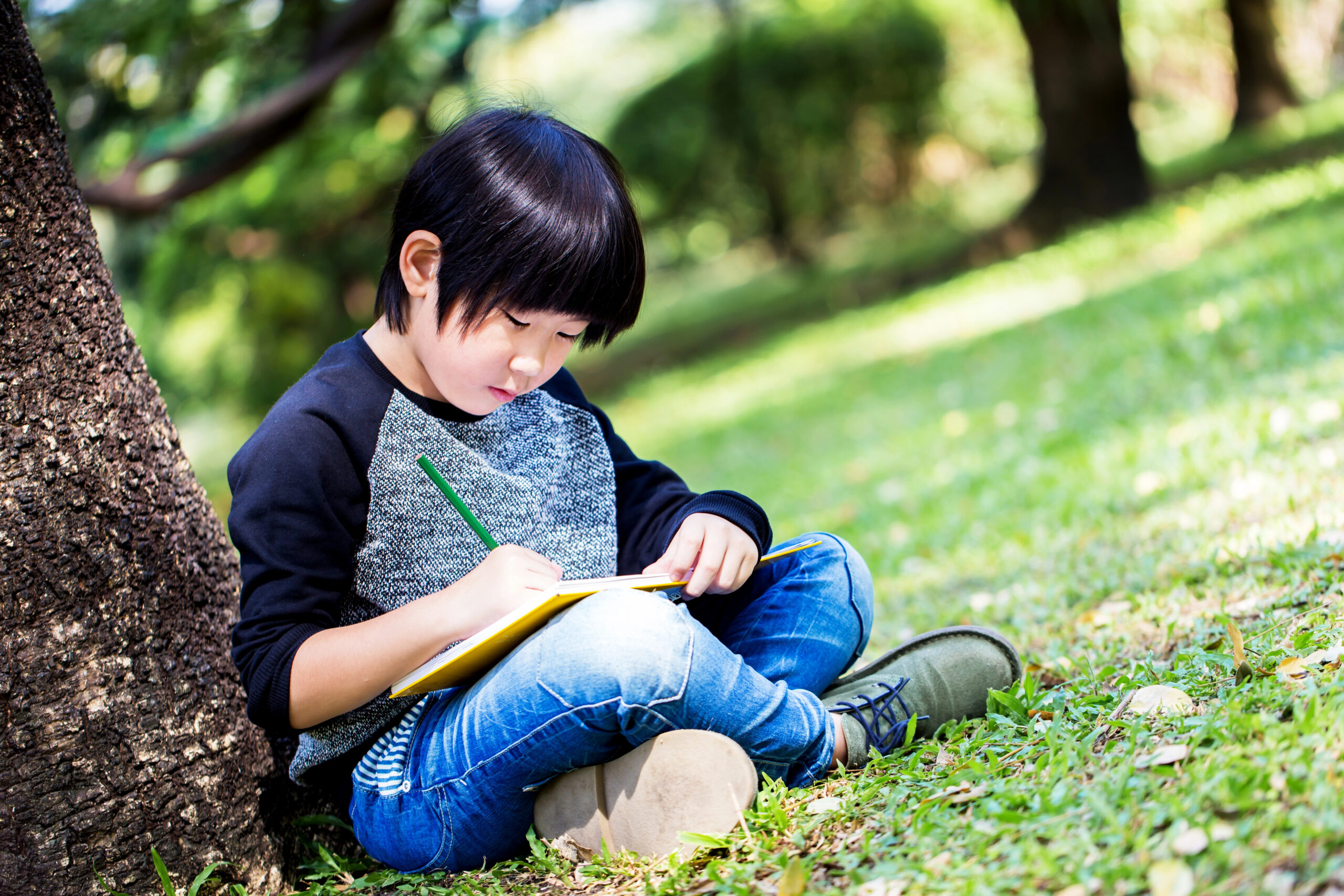 Letter to yourself Young boy writing in park