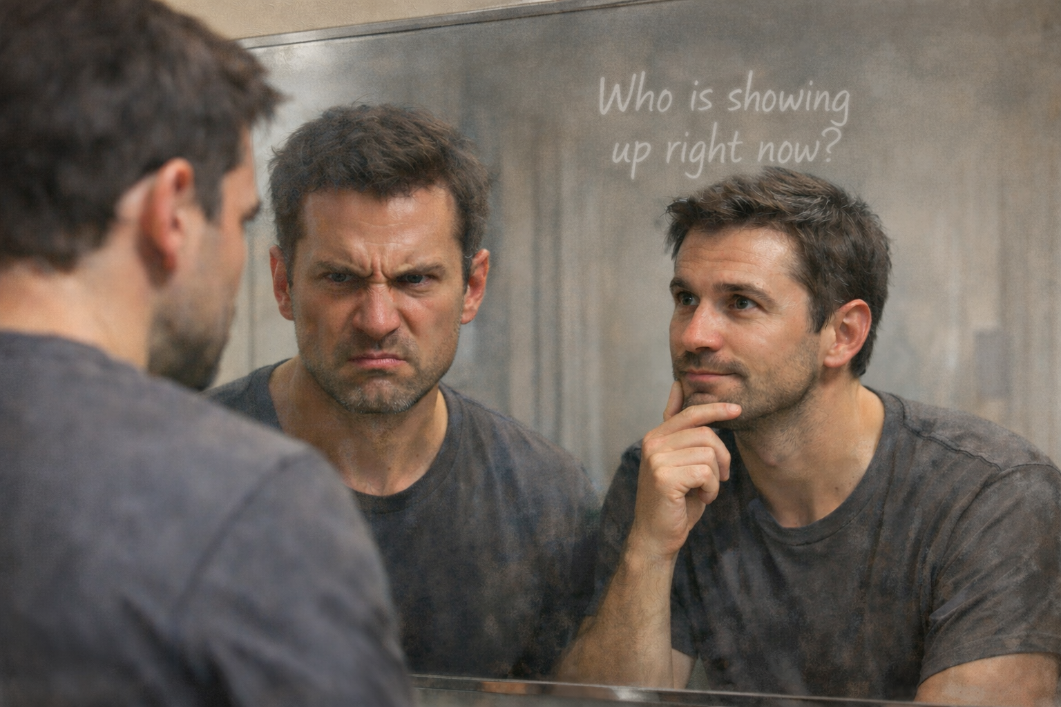 A person facing their reflection, suggesting self-inquiry rather than reaction.