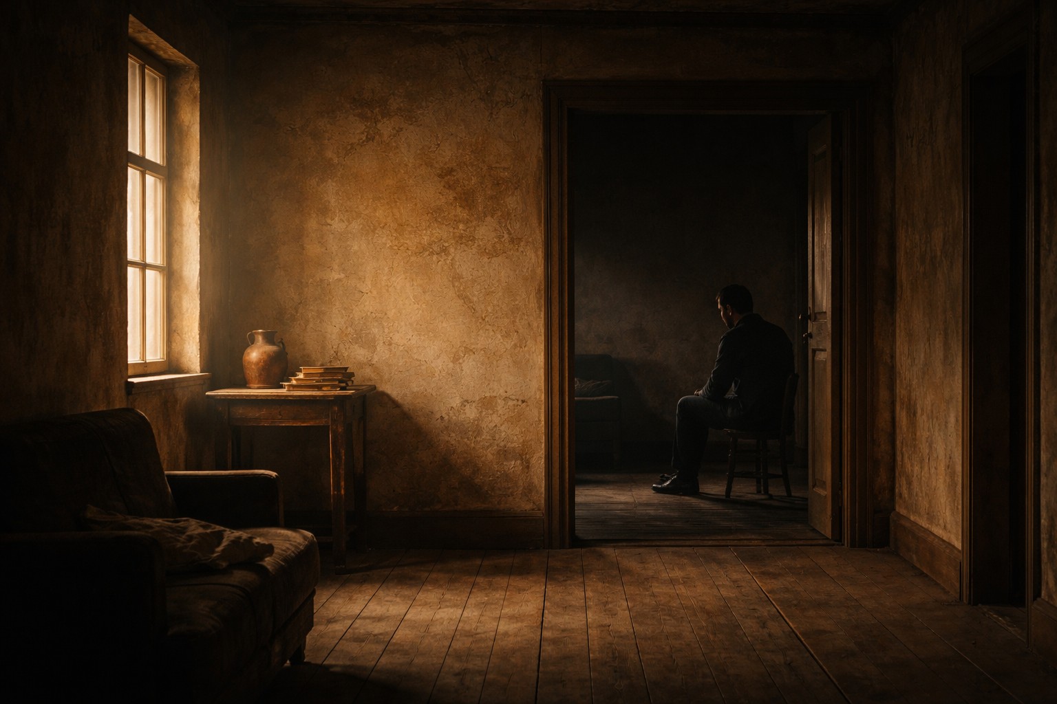 A house An empty, timeworn interior room with warm light entering from the left and a man seated quietly in shadow in an adjoining doorway.