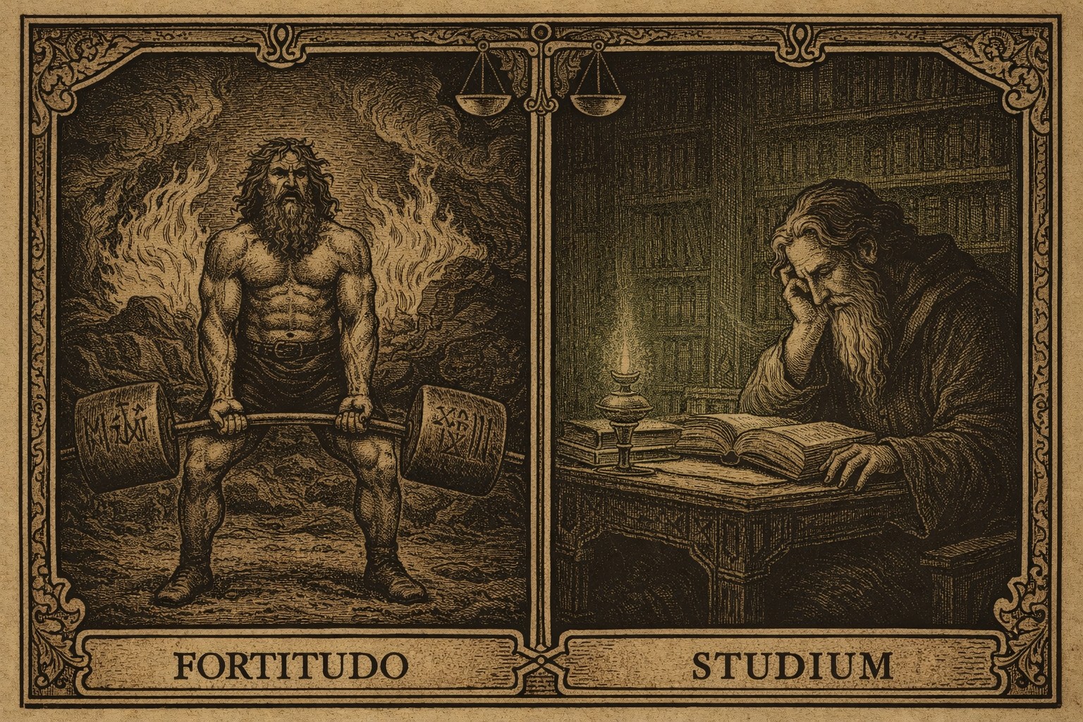 Fortitudo and Studium: Strength and Study Split-panel image showing a muscular Viking lifting a heavy barbell beside a robed scholar reading by lamplight, labeled “Fortitudo” and “Studium.”