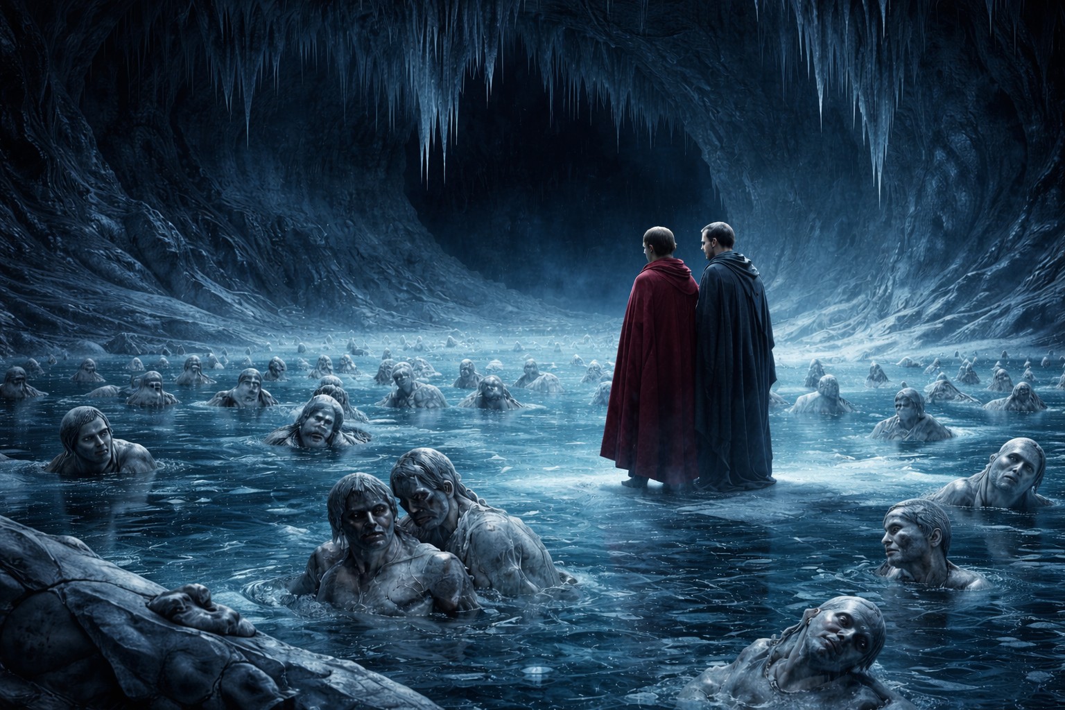 Dante Grief, Cocytus Dante and Virgil standing among frozen souls in the icy depths of the Inferno.