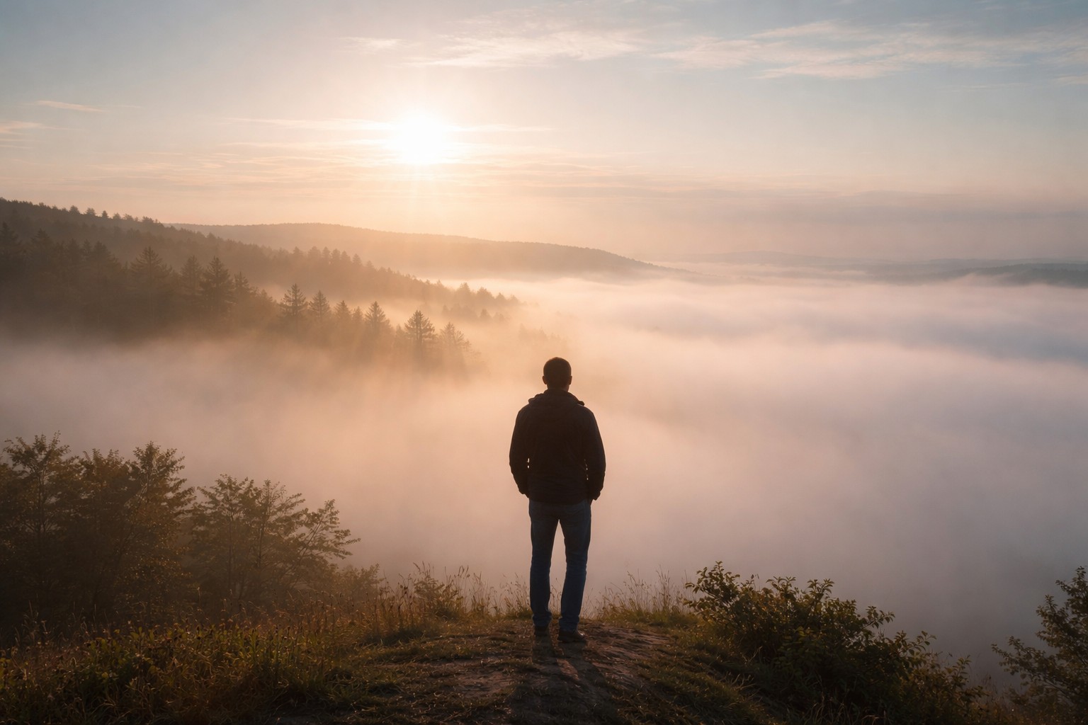 Depression Fog, Jan 14 blog Man standing above a layer of fog, looking out over a muted landscape