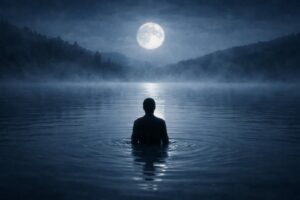 Moonlit figure standing in water — dreamlike scene.