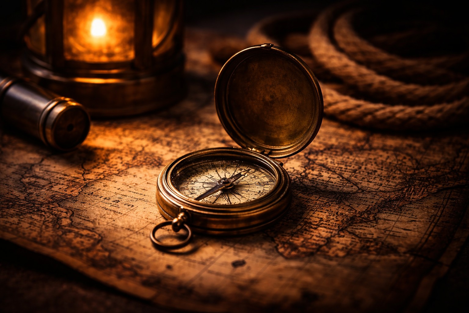 Dreams a orientation Antique compass placed on an old map, suggesting direction and orientation