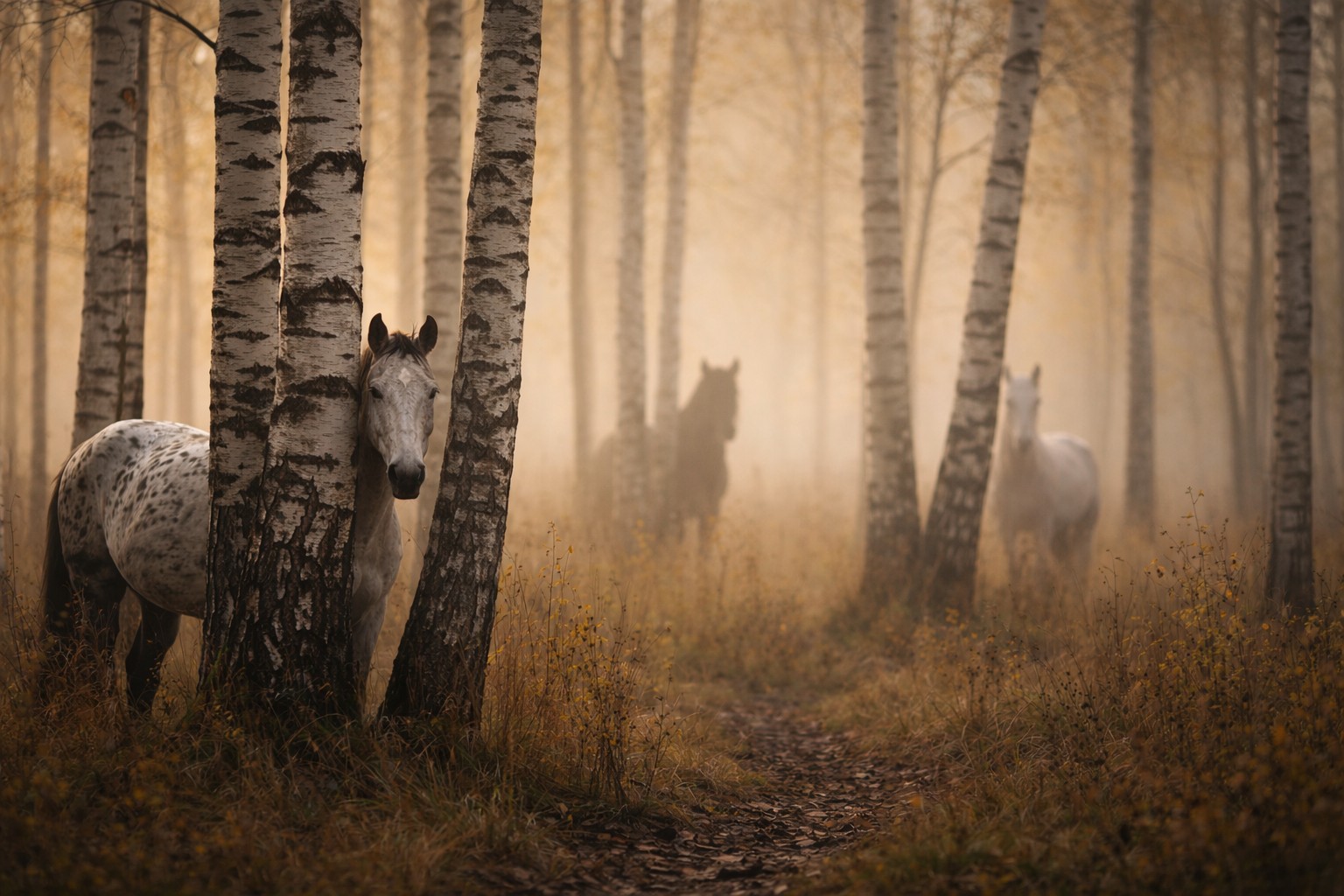 Dreams hiding in plain sight Horses partially visible among birch trees in soft mist.