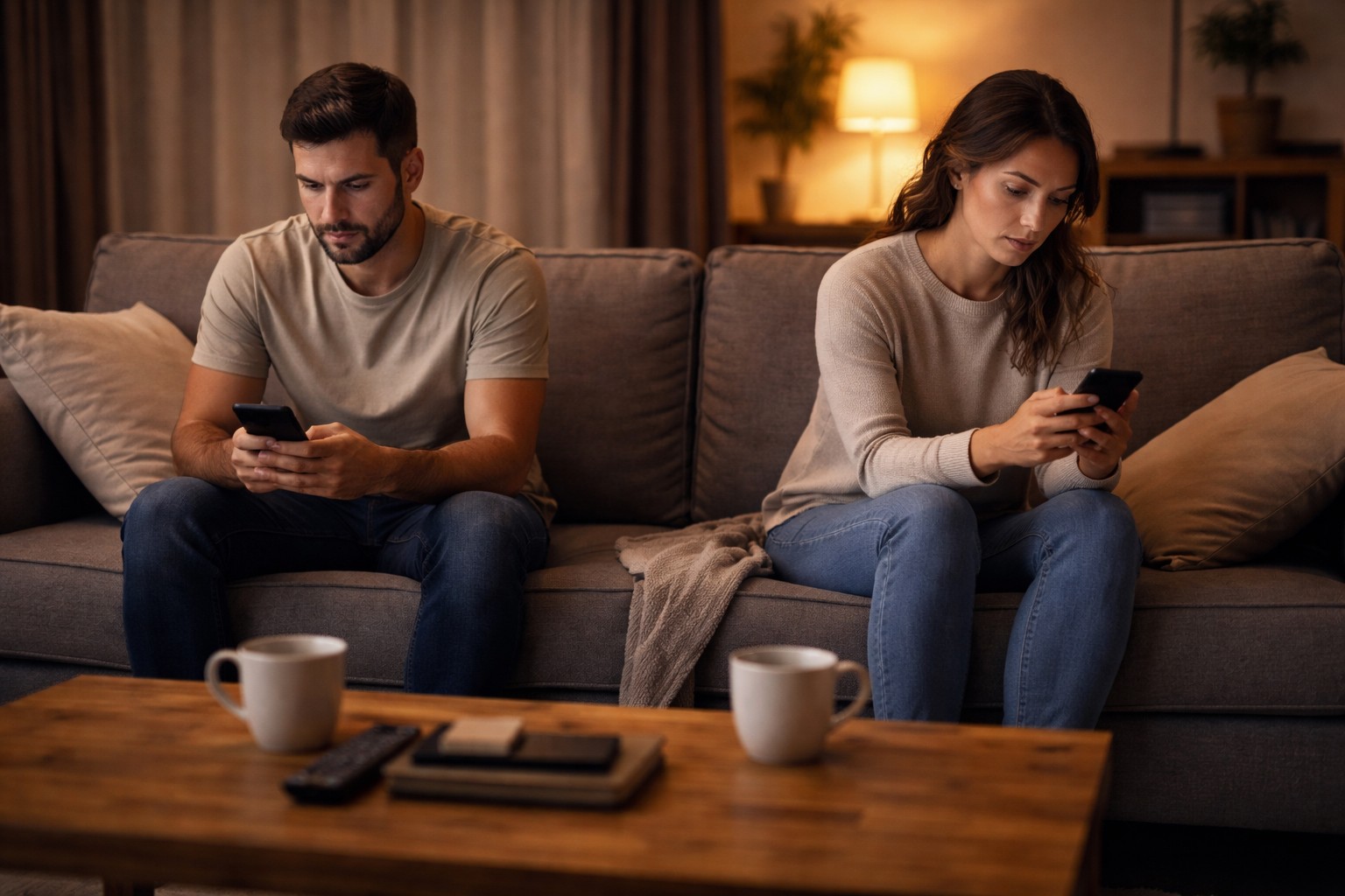Roommate Syndrome Couple sitting apart on a couch looking at their phones, showing emotional distance in a relationship